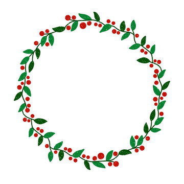 Sparkling Festive Holiday Wreath With Green Leaves And Red Berries. Ideal for Holiday Decor or Celebration.