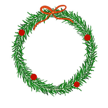 Sparkling Festive Holiday Wreath With Green Pine Needles And Red Ornaments. Ideal for Holiday Decor or Celebration.