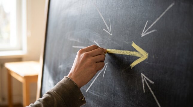 Hand drawing yellow arrow with chalk on blackboard surrounded by white converging arrows representing clear focus direction
