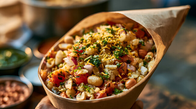 Puffed rice, sev, vegetables, peanuts and chutneys create a colorful Mumbai-style bhel puri composition.