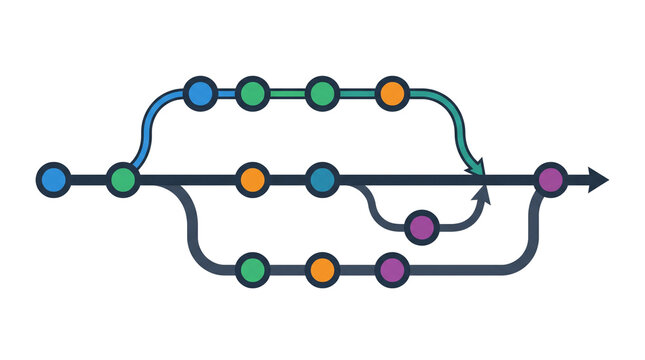 Git branching model for software development, colorful version control workflow diagram, technical process flow chart, devops pipeline visualization