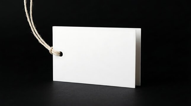 Blank White Rectangular Paper Hang Tag With Natural String Attached Displayed On A Solid Black Background For Retail Mockups And Branding Projects