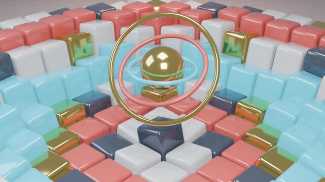 3D Golden Gyroscope Sphere Over Rippling Pastel and Gold Cube Pyramid