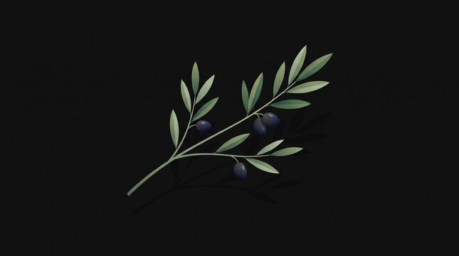 Olive branch with berries on dark background minimalist composition