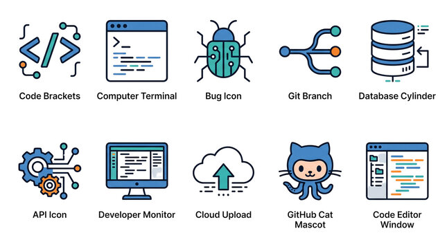 Software development icon set, 10 coding and programming line icons, flat vector web developer symbols for tech apps and UI design