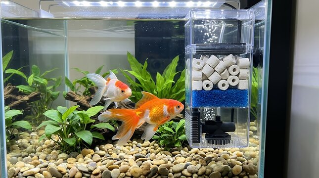 Vibrant orange and white ornamental fish swimming gracefully near transparent aquarium internal filter filled with ceramic media porous sponge clean water and smooth pebbles in domestic fish tank