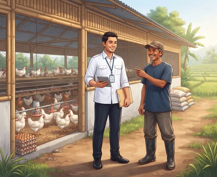 Bank Officer Visiting Smiling Farmer at Poultry Farm Illustration