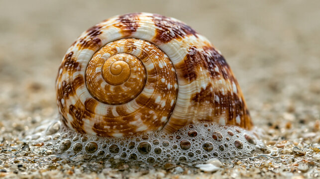 Single sea snail shell resting on wet sand near the ocean shore with coastal life