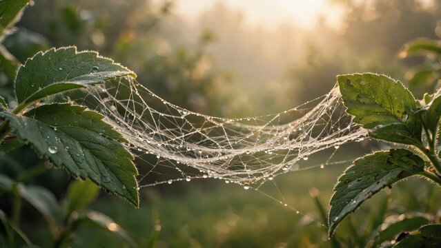 Spiderweb covered in sparkling morning dew drops strung between vibrant green leaves in a misty garden.