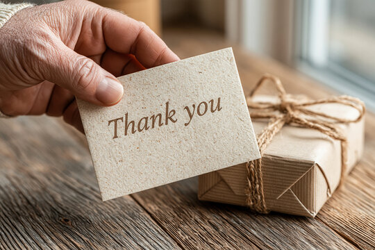 A hand holding a simple thank you note placed next to a small rustic gift box with brown paper