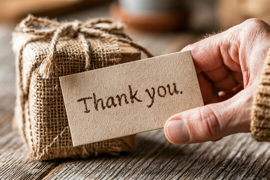 Person holding small gift wrapped in burlap beside a hand written thank you card with packag