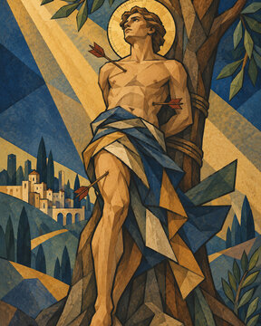 Saint Sebastian dramatic geometric religious illustration