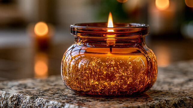 Lit scented candle in amber glass container on stone surface with warm glow