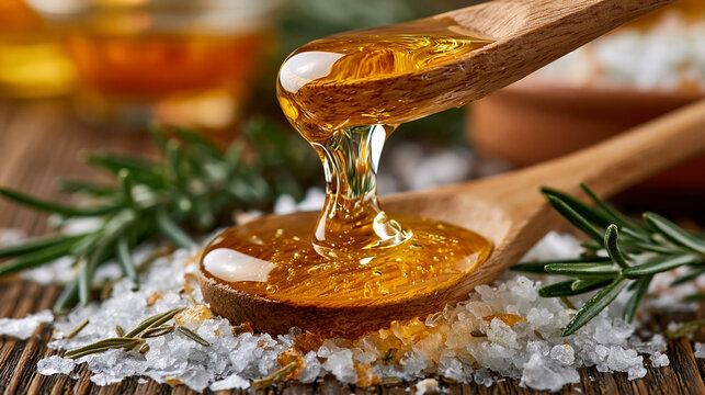 Golden honey dripping from a wooden spoon over coarse salt and fresh rosemary with sea