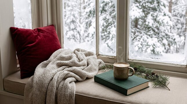Cozy winter reading nook with a plush window seat, ruby red velvet pillow and knit blanket beside a steaming mug and snowy forest view