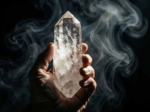Close up of a hand holding a clear quartz crystal with mystical smoke background