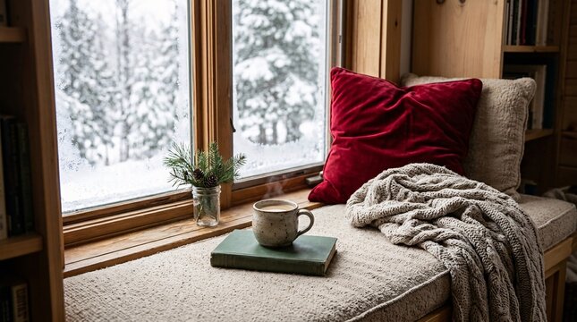 Cozy winter reading nook with a plush window seat, ruby red velvet pillow and knit blanket beside a steaming mug and snowy forest view