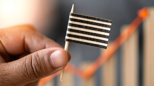 Person holding small striped flag during financial growth analysis presentation with business grow