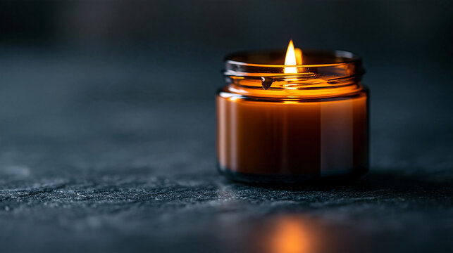 Burning scented candle in a glass jar on dark rustic surface with background