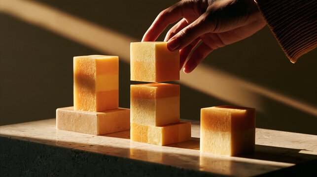 Person stacking small square yellow soap bars on wooden platform with bar body care