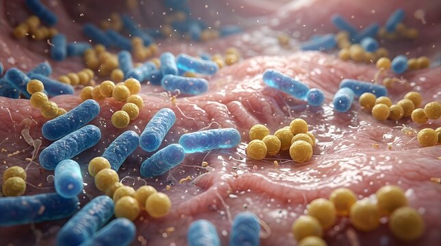 microscopic view of blue rod shaped bacilli and yellow spherical cocci bacteria on human mucosal tissue surface