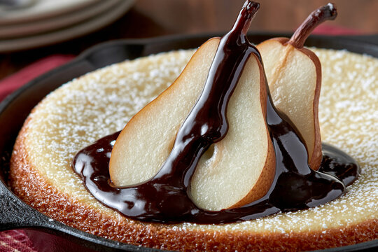 Warm baked pear dessert topped with rich chocolate sauce in a cast iron skillet