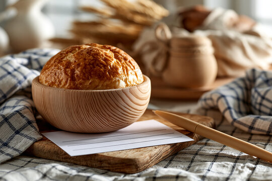 Rustic freshly baked loaf of bread served in a wooden bowl on a checkered tablecloth with homemade