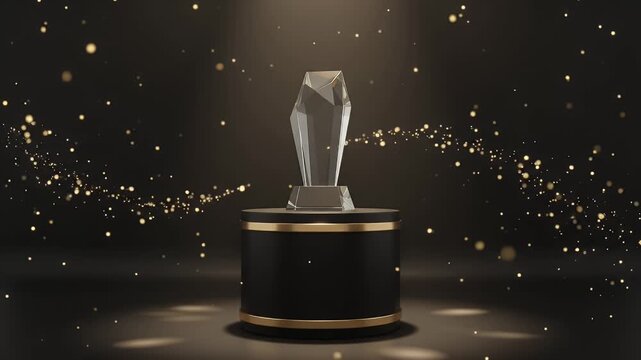 Elegant Crystal Trophy on Black and Gold Pedestal with Sparkles - A sophisticated black pedestal with gold trim showcases a clear crystal trophy under a soft spotlight.