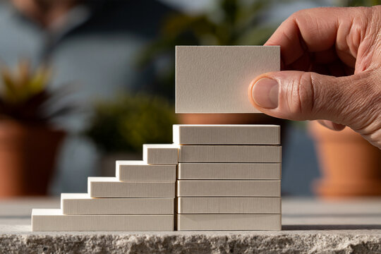Person placing a wooden block on top of a rising staircase of rectangular pieces