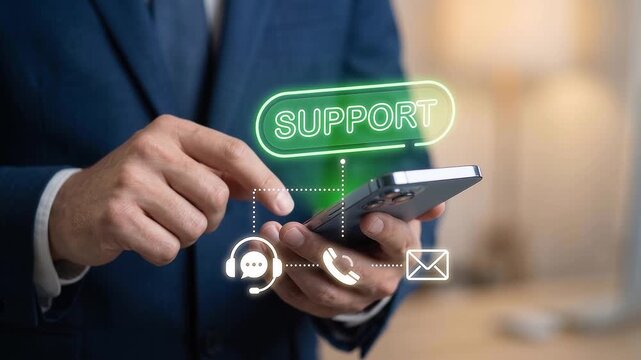 Businessman in suit pressing glowing neon support button on smartphone with contact icons for call headset message email assistance options