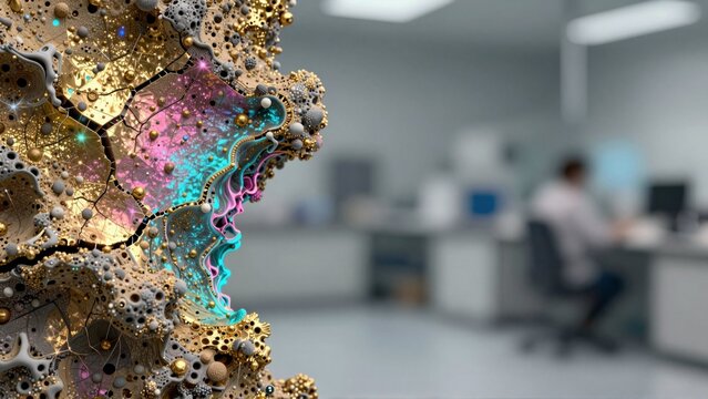 digital art piece appears rendering abstract design background blurred seems office workspace person sitting desk background design various shapes colors including gold pink blue purple shapes