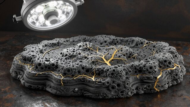 rendering large irregularly shaped object dark textured surface object appears dark material possibly stone concrete rough uneven texture covered small jagged holes grooves giving textured appearance