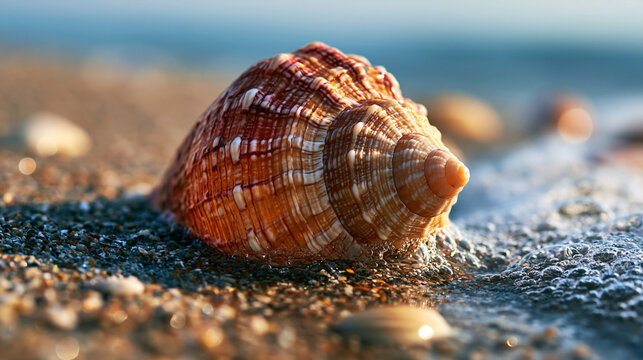 Sea seashell resting on sandy beach by ocean waves with tropical vacation creature