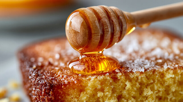 Honey dripping from wooden dipper onto slice of cake with delicious