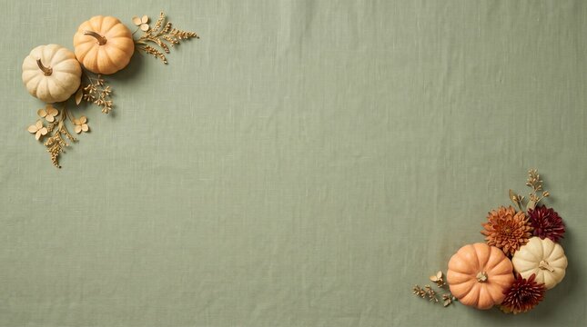 A serene thanksgiving backdrop featuring delicate autumn blooms and a textured sage green surface perfect for creating warm and inviting holiday themed photography or digital
