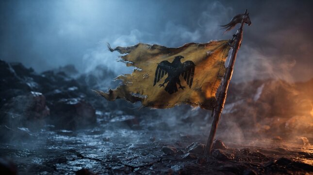 Ancient Tattered War Banner with Eagle Emblem on Desolate Battlefield