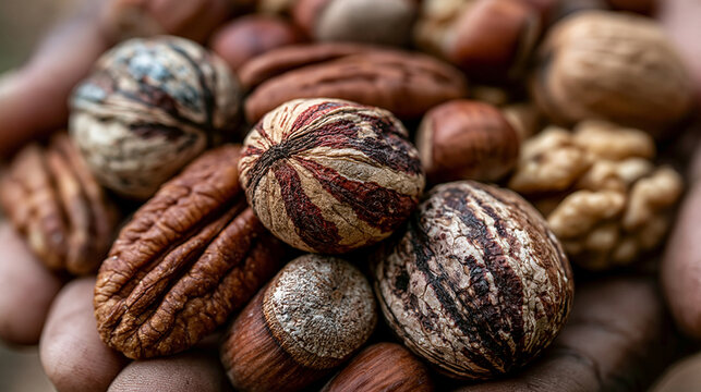 Various mixed nuts in hands including walnuts and pecans with forest fruit, dry plant food