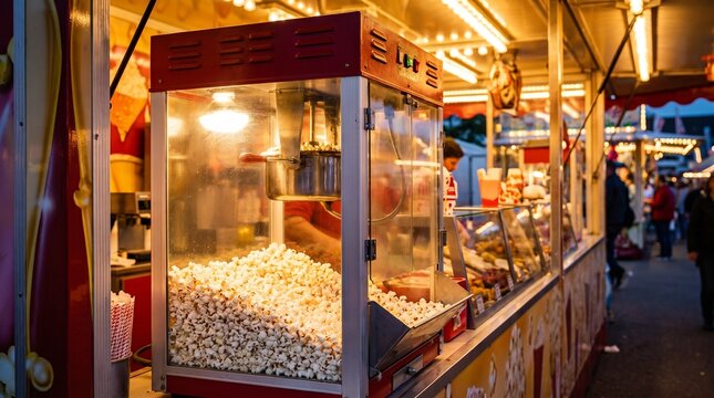 Popcorn machine filled with freshly popped corn beside illuminated food stalls in a busy indoor market, warm evening lighting and colorful vendor displays, commercial food service setting