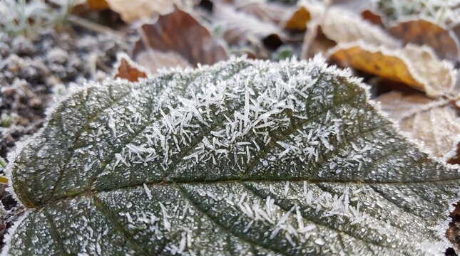Frost covered green leaf with intricate ice crystals and visible veins resting among dry brown foliage, detailed nature closeup. Concept of winter arrival and seasonal transition
