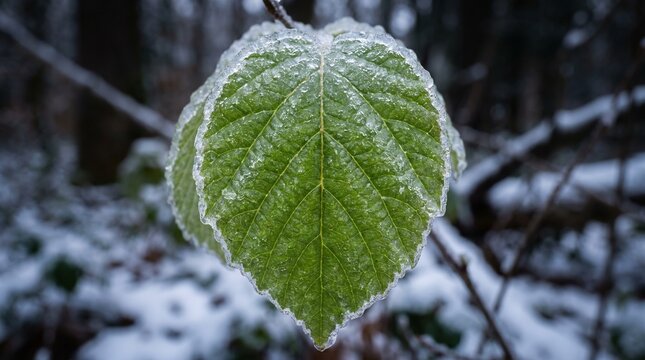 Frost covered green leaf hanging in snowy woodland with intricate veins and icy edges, contrasting seasonal textures in a close nature photograph. Concept of winter arrival and seasonal transition