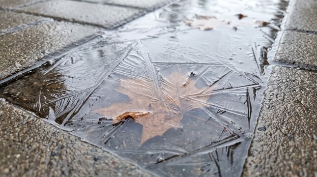 Thin ice sheet covering a shallow puddle with fallen leaves on textured gray paving stones in a close up outdoor ground scene during cold weather. Concept of winter arrival and seasonal transition