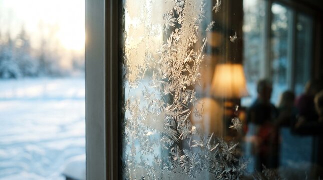 Frost covered window with ice crystals beside warm lamp glow and blurred interior silhouettes overlooking snowy winter landscape through glass. Concept of winter arrival and seasonal transition