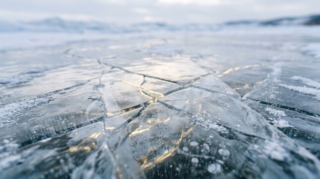 Cracked transparent lake ice with trapped bubbles and reflective golden light beneath a softly blurred snowy horizon, winter frozen landscape surface. Concept of winter arrival and seasonal transition