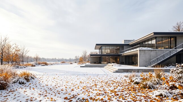 Modern two story house with snow covered lawn, autumn leaves, ornamental grasses and leafless trees in a winter residential setting. Concept of winter arrival and seasonal transition