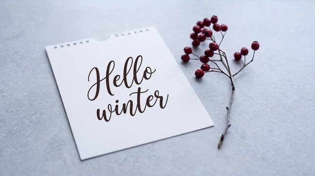 Hello winter greeting card with handwritten lettering beside red berry branch on frosty blue surface, seasonal botanical still life composition. Concept of winter arrival and seasonal transition