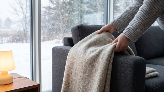 Person draping a soft beige blanket over dark sofa beside snowy windows and glowing lamp in a cozy contemporary living room interior. Concept of winter arrival and seasonal transition