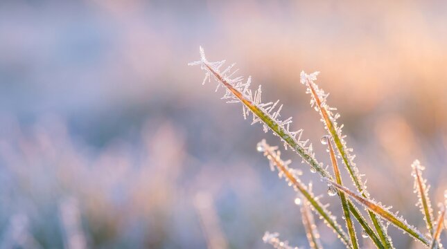 Frost covered grass stems glowing in soft sunrise light against pastel blurred landscape, delicate winter texture in a closeup outdoor scene. Concept of winter arrival and seasonal transition