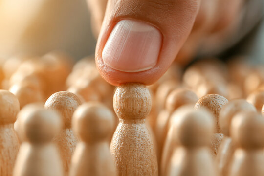 Human hand touching a wooden pawn figurine among a crowd of similar figures with figure