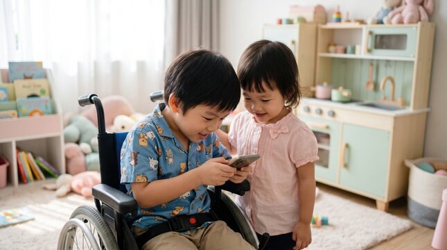 Children using mobile device indoors with joy, highlighting friendship, inclusion, and playful learning in bright home playroom