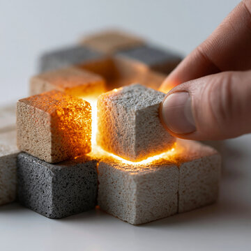 Hand placing a textured cube into a grid of glowing stone blocks with problem solving